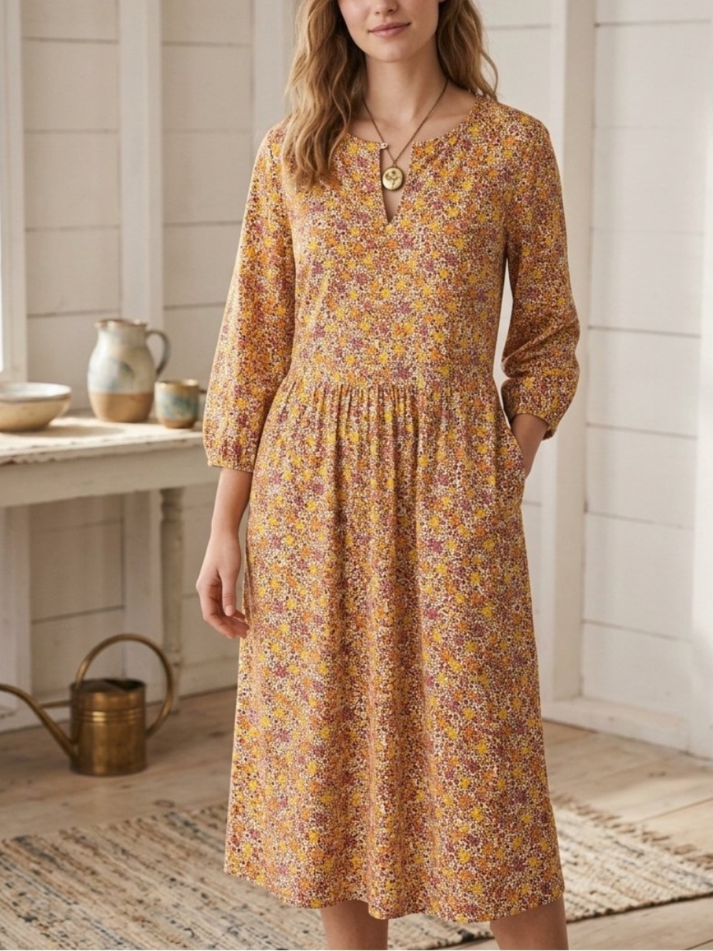 Lands' End 70s Inspired Yellow Floral Midi Modal and Cotton Blend Dress